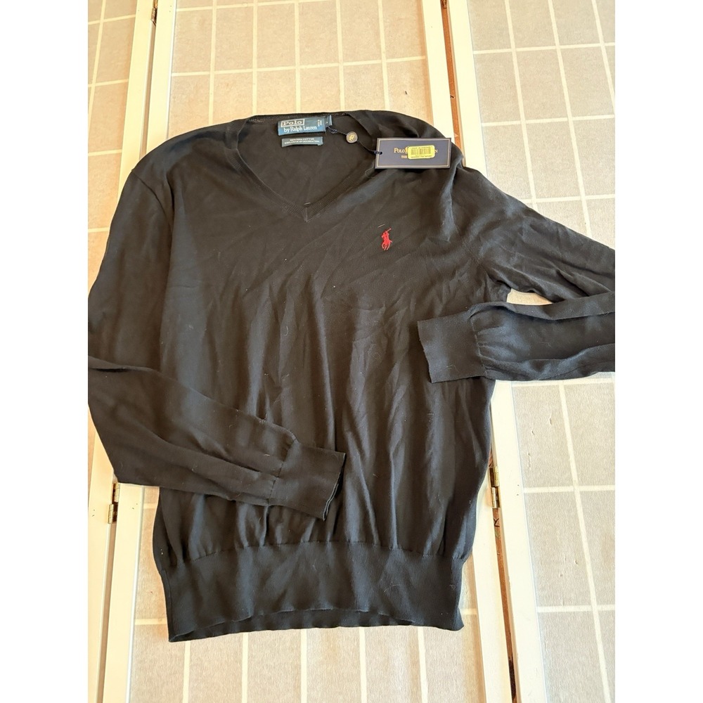 NWT Polo Ralph Lauren SOLID BLACK 100% PIMA COTTON V-Neck Sweater Men L Red Pony